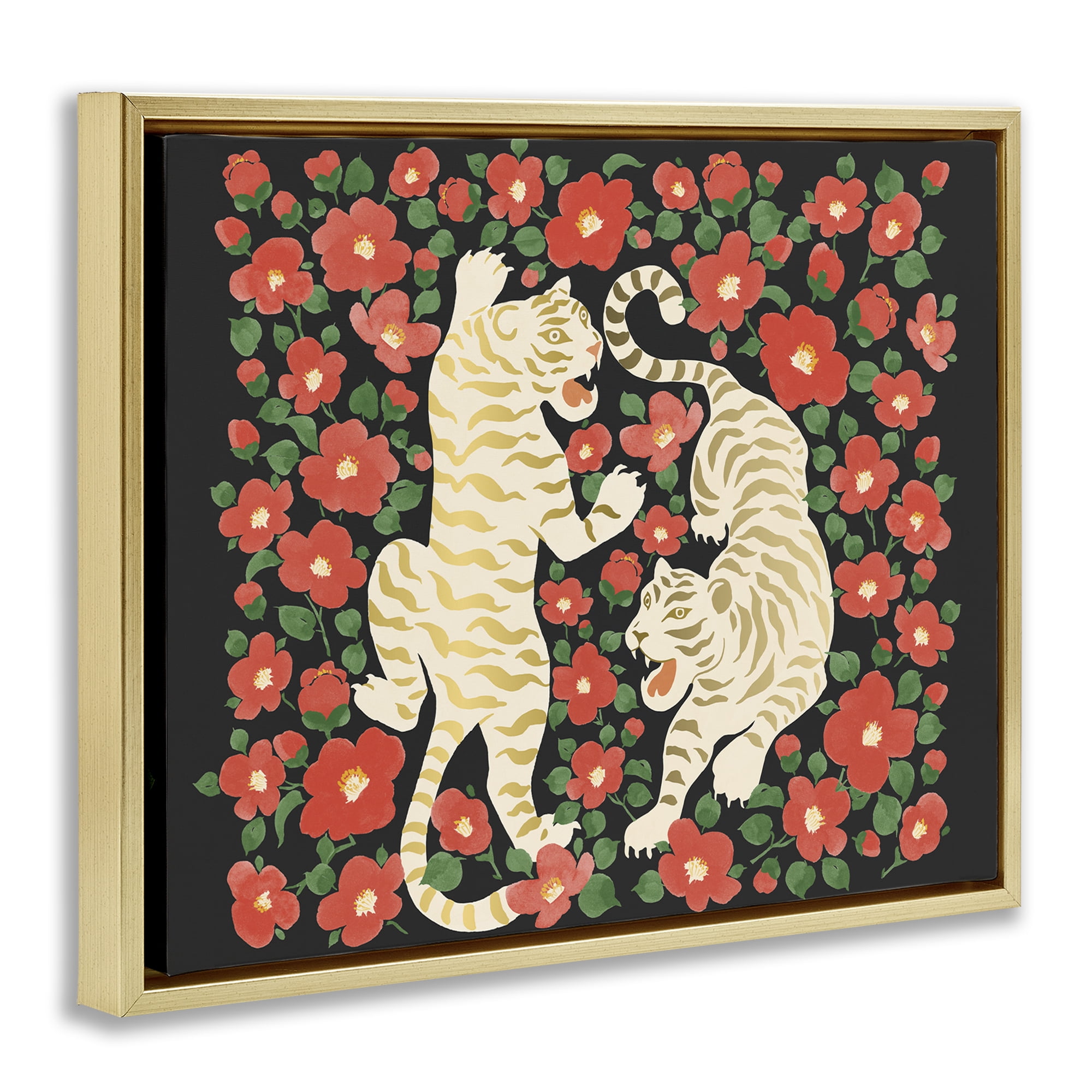 Stupell Industries Ivory Twin Tigers Among Flowers Gold Framed Floater Canvas Wall Art, design by Karolina Sato