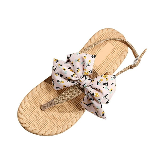 Utoimkio Platform Sandals for Women Preppy Outdoors T-strap Flat Sandals for Women, Bow Decor Polyester Toe Post Flat Sandals