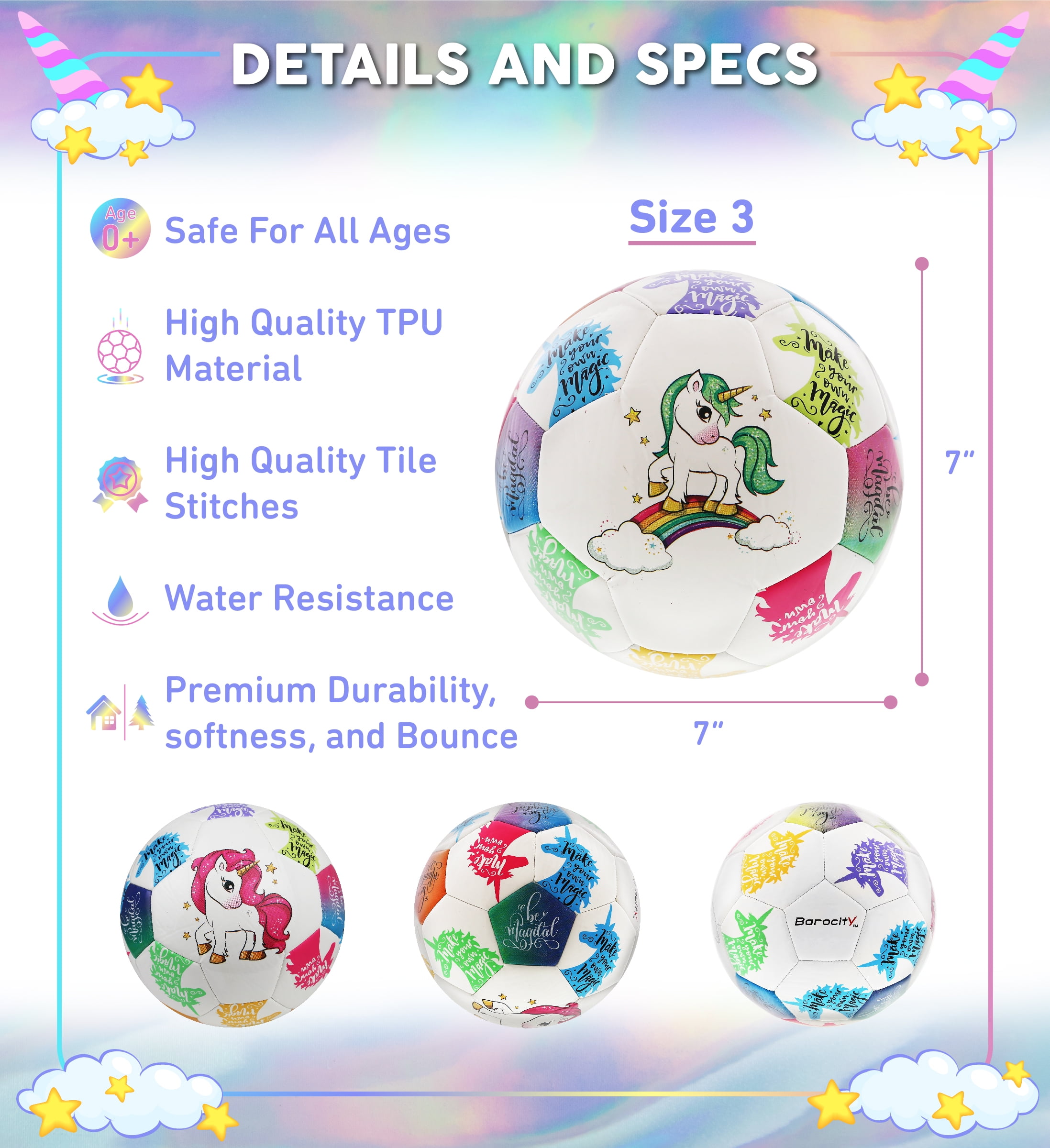 Barocity Unicorn Size 3 Soccer Ball - Boys and Girls Soccer Ball for Kids, Colorful Unicorn Ball, Fun Toddler Kids Soccer Ball for Indoor and Outdoor Sports Games, Cool Small Soccer Ball for All Ages