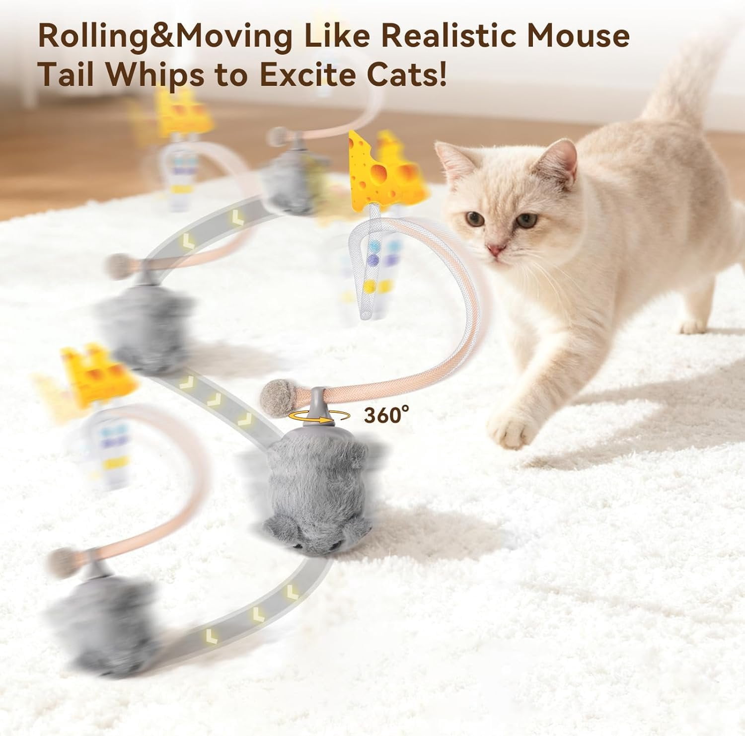 Interactive MigiMouse   360? Rolling & Spin with Mesh Plastic Tail for Indoor Cats  Motion Sensor, Realistic Squeak, Rechargeable Plush Kitten (Grey)