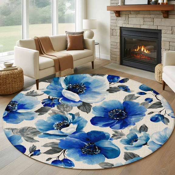 Round Area Rug 8 Ft, Blue Flowers Washable Non-Slip Circle Carpet for Living Room/Bedroom, Spring Watercolor Floral Leaves Plants Beige Collection Low-Profile Large Area Rugs for Indoor