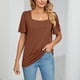 thumbnail image 5 of Gibobby Playera de Verano para Mujer Tops de color sólido para mujer, camisetas casuales de manga corta con cuello cuadrado, blusas holgadas, Tops(Marrón,XL), 5 of 5