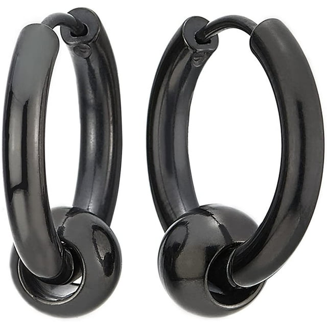 Pendientes de aro plegables de acero inoxidable con cuentas circulares negras para hombres y mujeres, 2 partes Adepaton LRWJ182-4