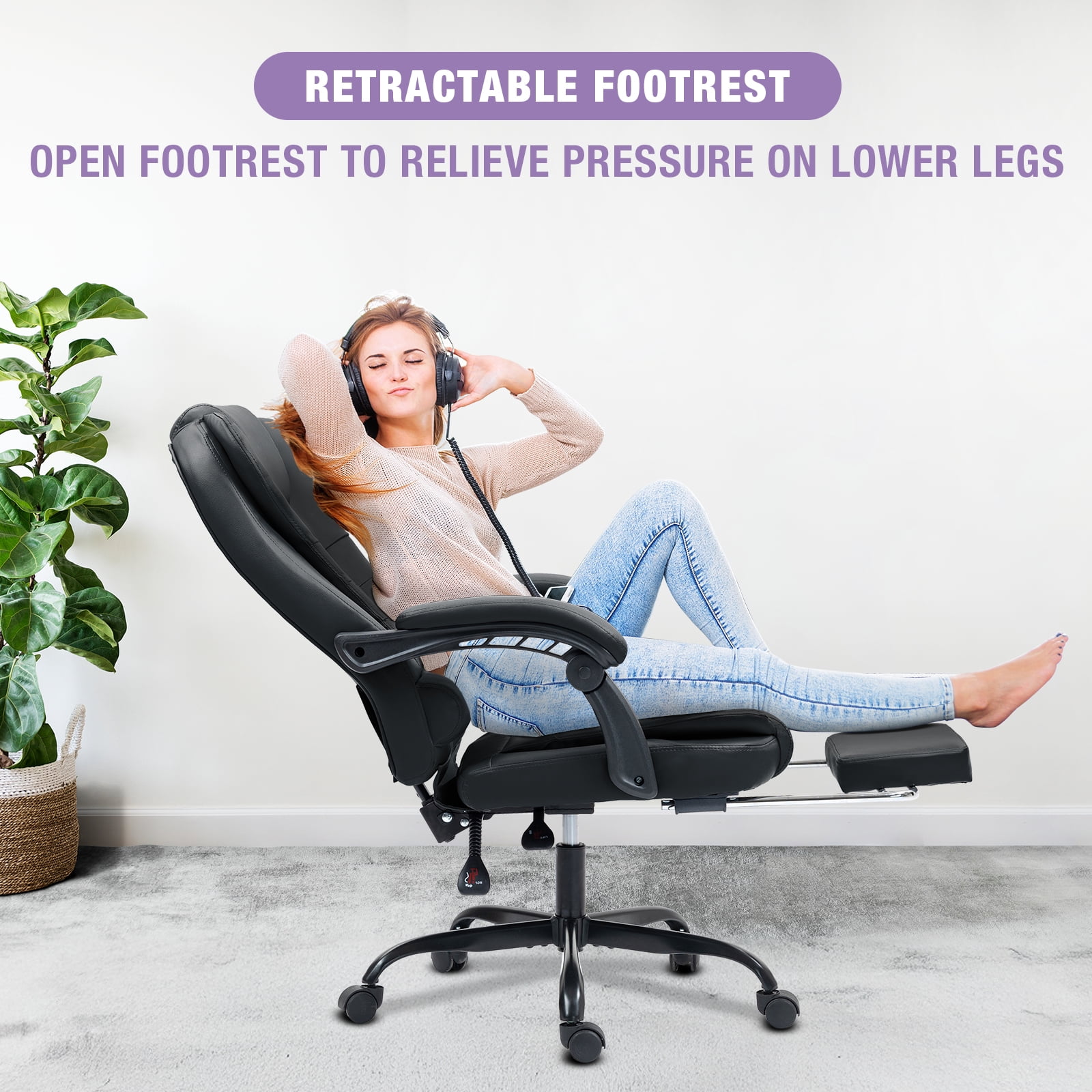 Big and Tall Executive Office Chair with Footrest, Ergonomic Reclining Swivel Computer Chair, High Back Home Office Chair with Lumbar Support, Height Adjustable, Padded Armrests, Rolling, Black