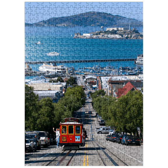 MyPuzzle - Cable Car With Fisherman's Wharf And Alcatraz Island, San Francisco, California - Premium 500 Piece Jigsaw Puzzle for Adults