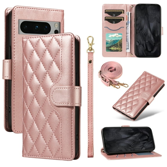 Crossbody Wallet Case for Google Pixel 8 Pro, Credit Card Slots Elegant PU Leather Magnetic Closure Shoulder Strap Purse Phone Case Flip Stand Full Body Protection Cover for Women Girls, Rosegold