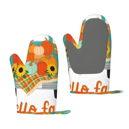 

Zeuib Hello Fall Farm Truck Print Oven Mitts Oven Gloves with Non-Slip Silicone Heat and Slip Resistant Cooking Mitt Set for Cooking and Baking (2 Count)