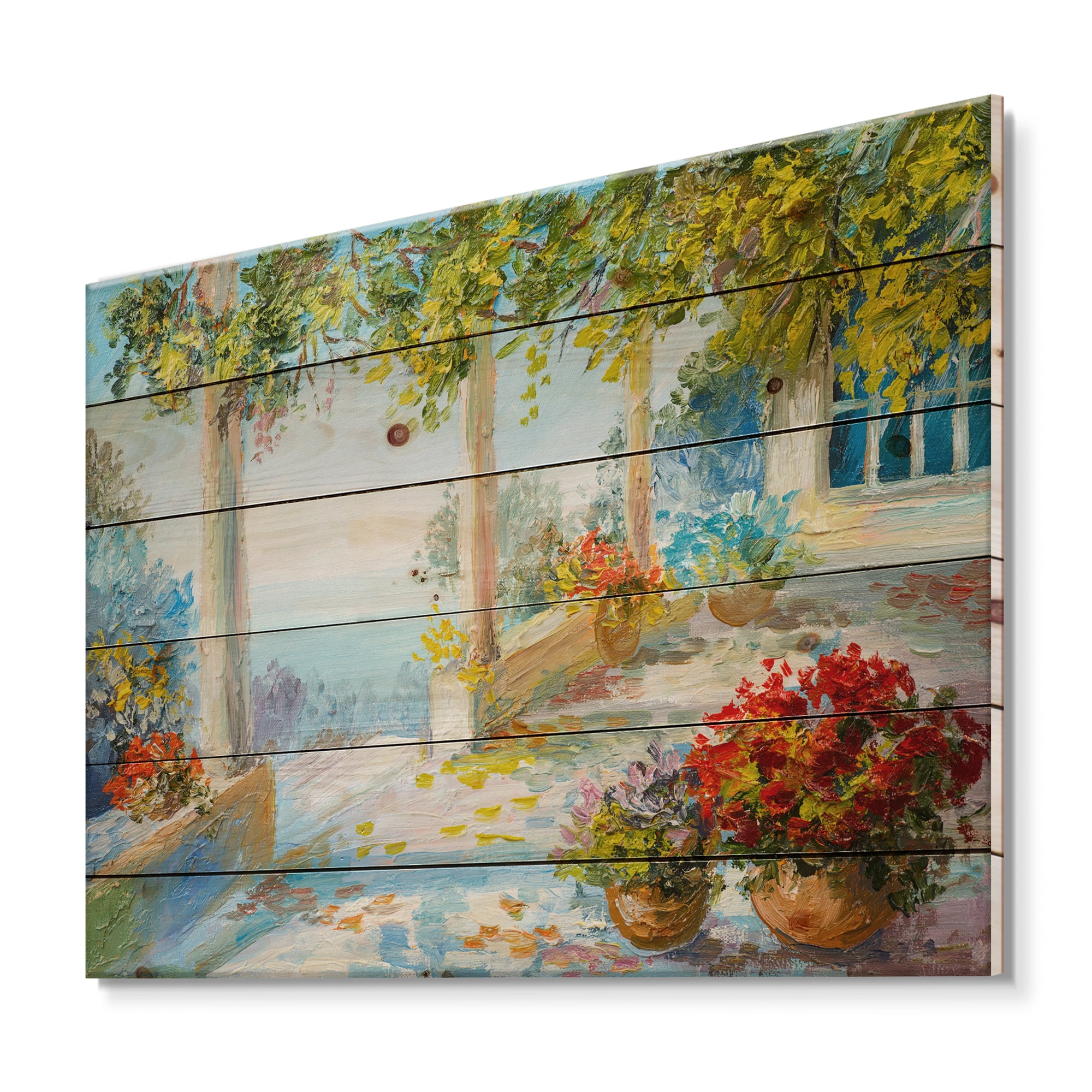 Designart 'Terrace With Red Flowers Near The Sea' Nautical & Coastal Print on Natural Pine Wood