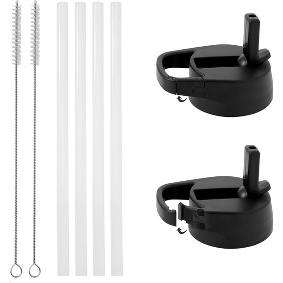Carabiner Straw Lid for Wide Mouth Insulated Sports Water Bottles, Simple BPA Free, 2 Lids, 4 Straws, 2 Cleaning Brushes