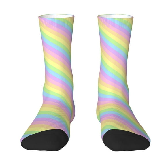 Women Crew Graphic Print Tube Socks Pastel Rainbow Striped Pattern Design Ladies Socks