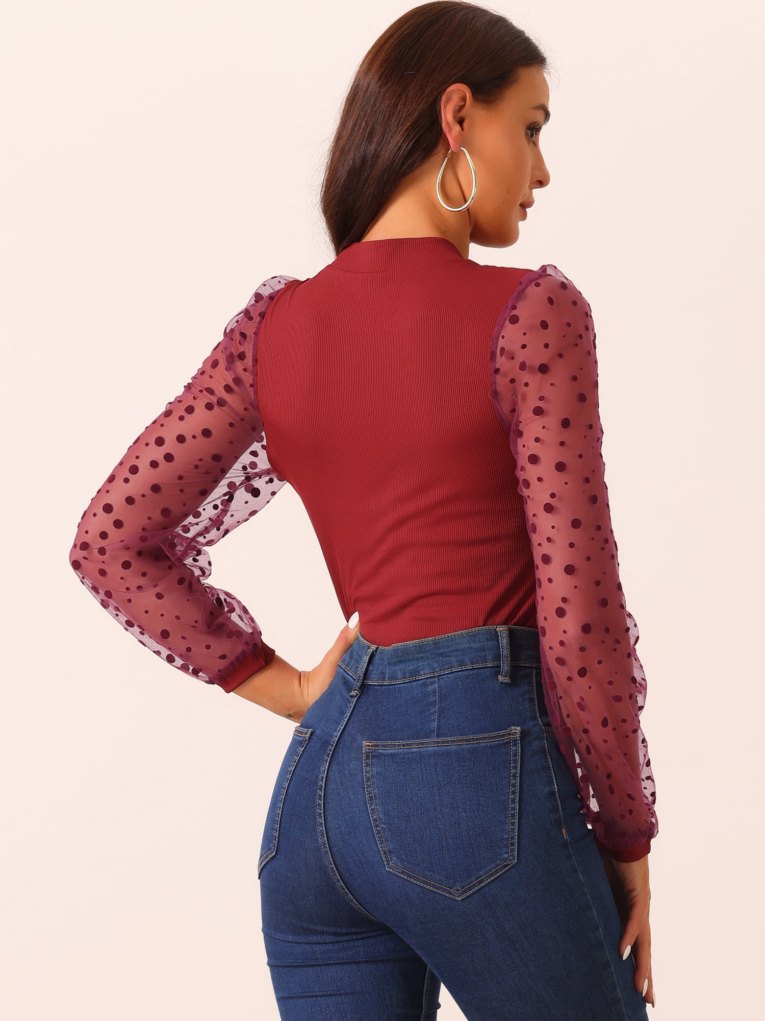 DARING DIVA Polka Dot Long Mesh Sheer Sleeve Slim Fit Bodysuits M Dark Red
