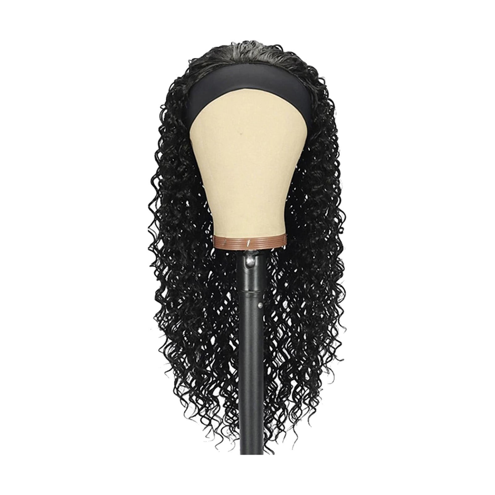 Headband Wig Human Hair Water Wave, Glueless Curly Human Hair Wig with Pre Attached Scarf, Wear and Go Wigs for Black Women(BK4,One Size)
