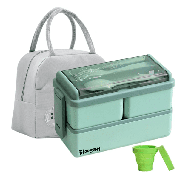 Lunch Box Bloosom 2 Niveles Loncheras Topper 1400ml Y Bolsas+ Taza Verde
