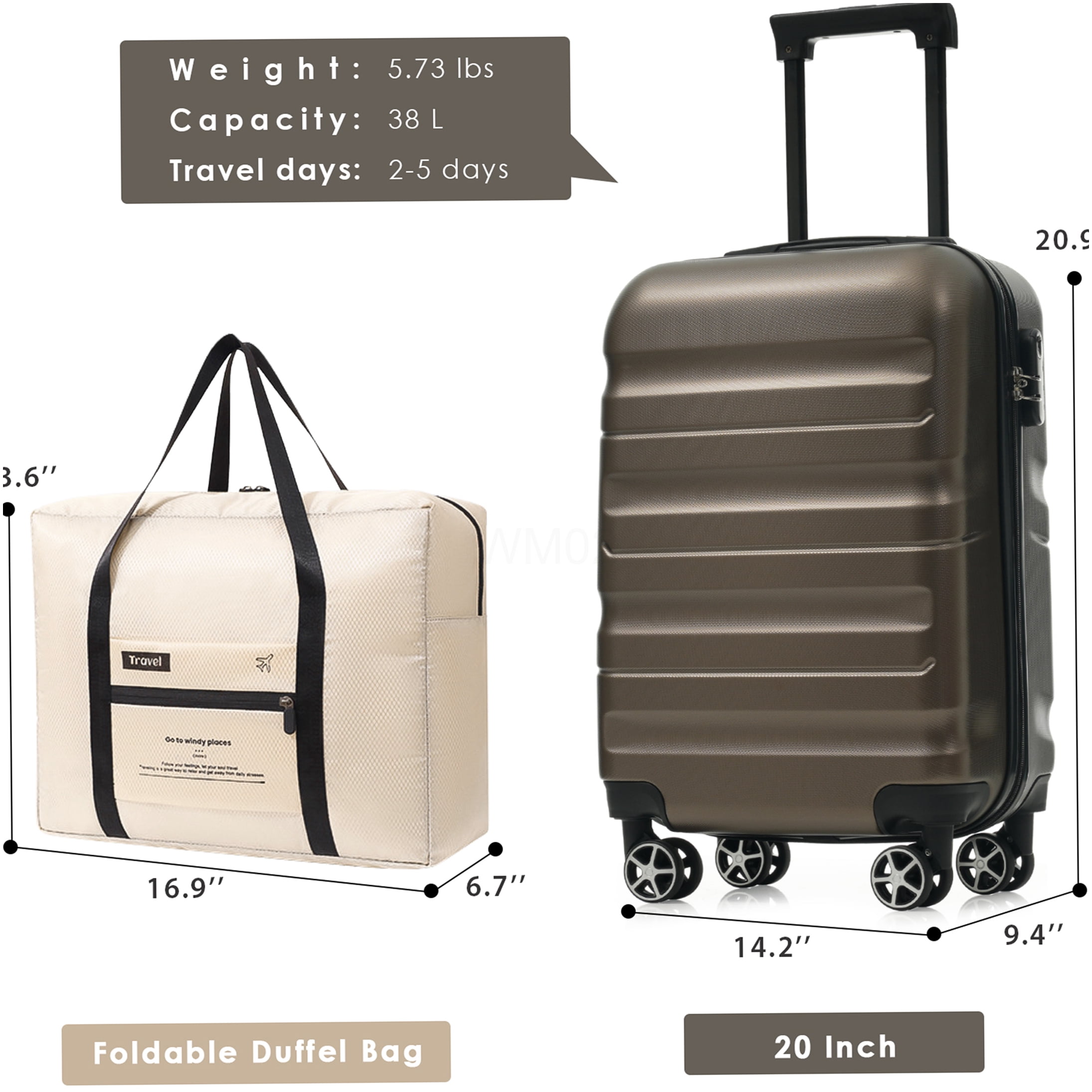 Brown ABS Hardshell Carry-On Luggage with Spinner Wheels and Foldable Duffel Bag, 20Inch Lightweight Suitcase for Travel