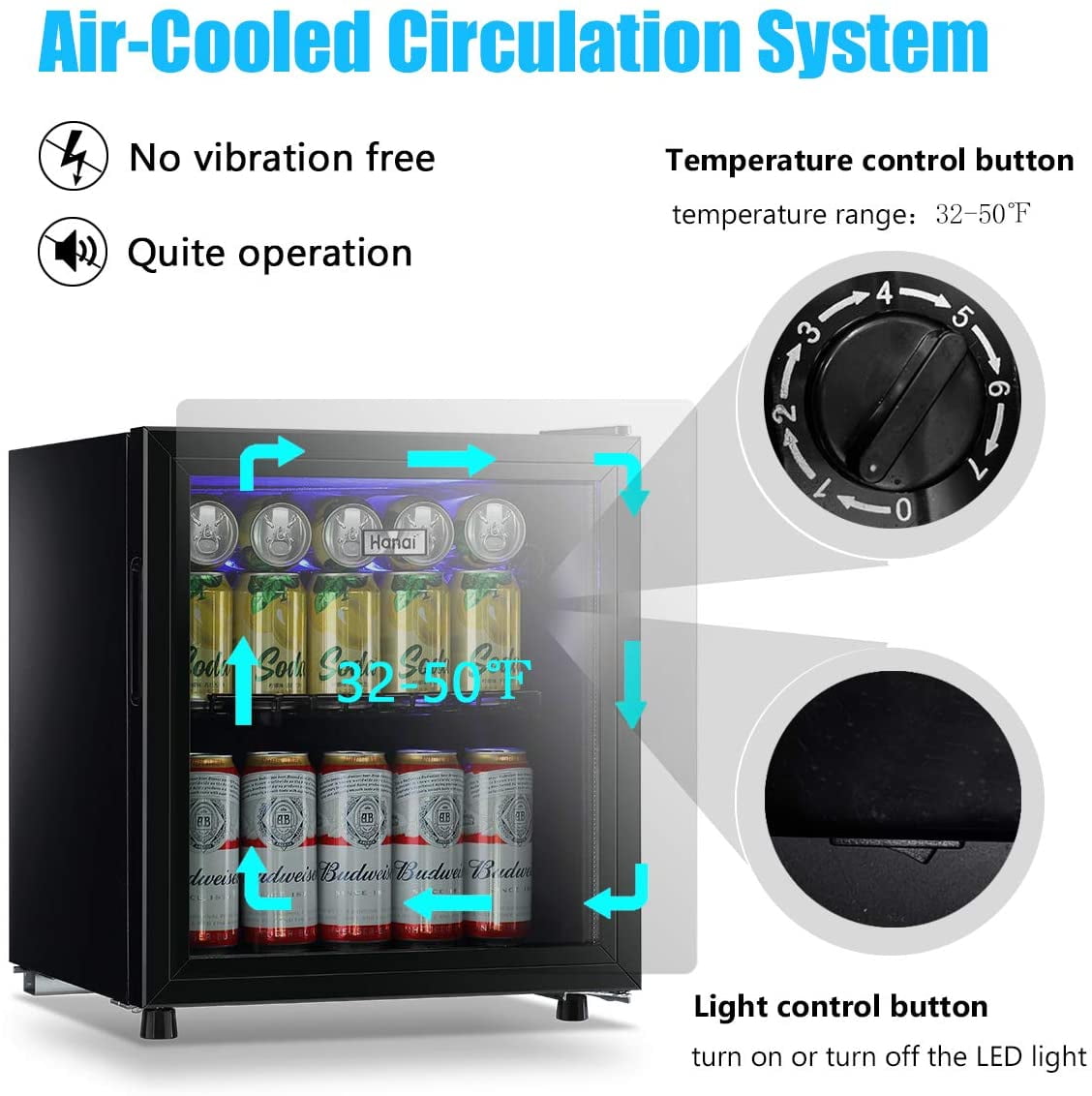 WANAI 1.6Cu.ft Beverage Refrigerator, Mini Fridge with Glass Door, Black
