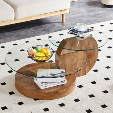 Sudica Contemporary Coffee Table with Double-layer Round Glass Tabletop 31" Tea Table , Dark Wood Grain Base for Living Room