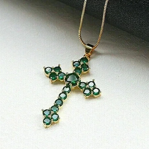 2Ct Round Cut Lab-Created Emerald Women's Cross Pendant 14K Yellow Gold Finish