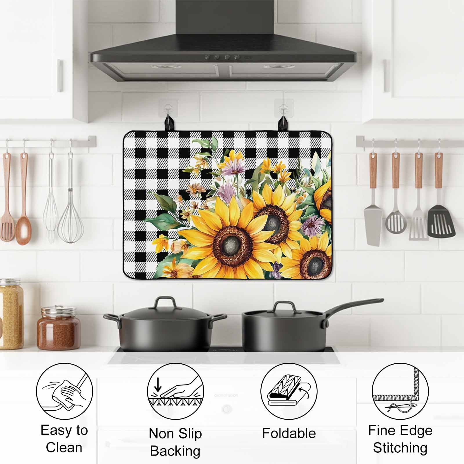 Sunflower Plaid Stove Top Cover for Electric Stove, Heat-proof & Non Slip Glass Top Stove Cover Protector, Black White Checkered Yellow Floral Kitchen Flat Cooktop Rubber Mat 24x21 Inches