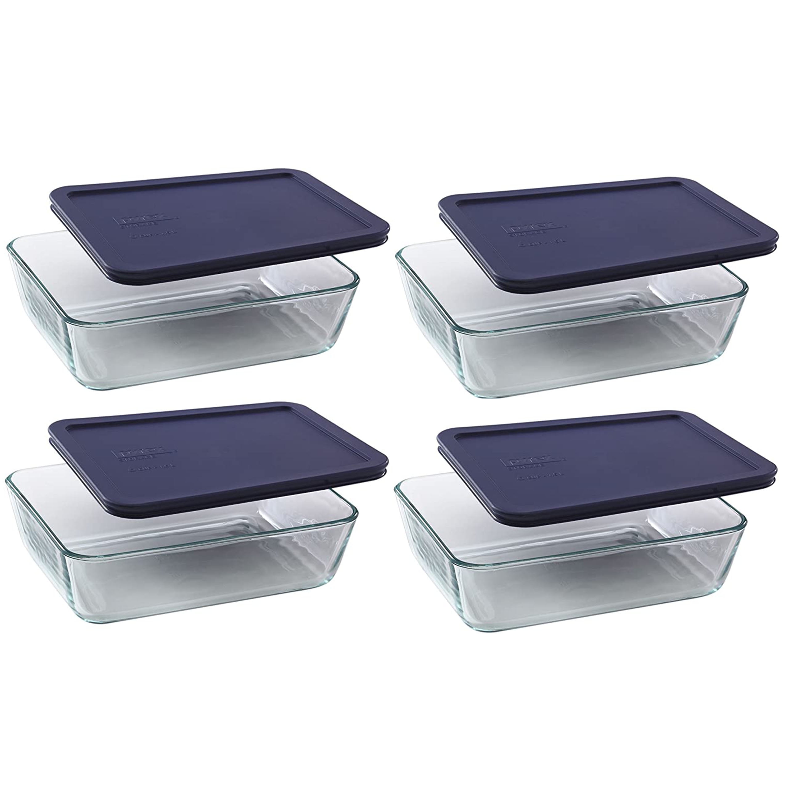 Pyrex (4) 7212 11Cup Glass Food Storage Dishes & (4) 7212PC Dark Blue