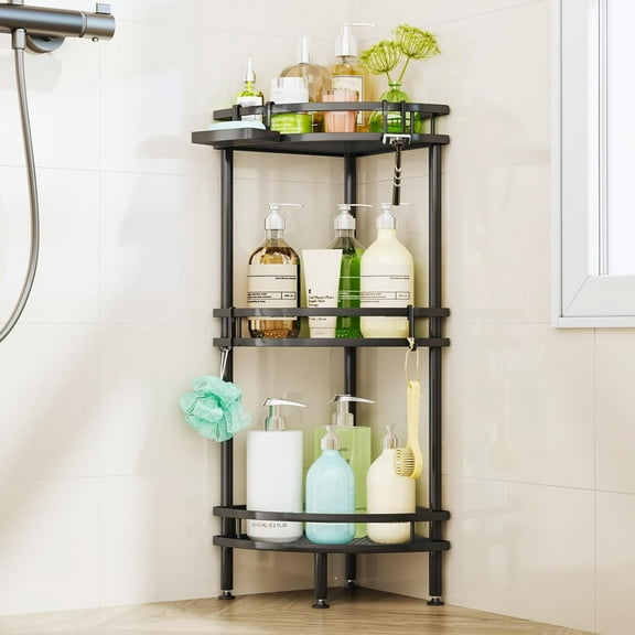 Standing Corner Shower Caddy - 3 Tier Shower Organizer Corner with Soap Holder and 4 Hooks, Rustproof Bathroom Storage Shelves with Adhesives, Black