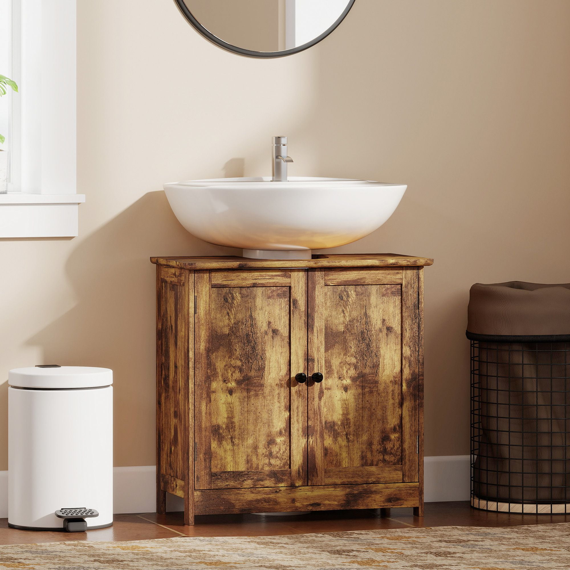 Bathroom Vanity Cabinet, Under Sink Organizer with Doors, Adjustable Shelf, Rustic Brown - Space Saving Bathroom Storage