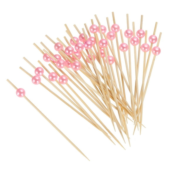 Bamboo Cocktail Toothpicks Pink Pearl Bead Drink Picks Skewer 100Pcs