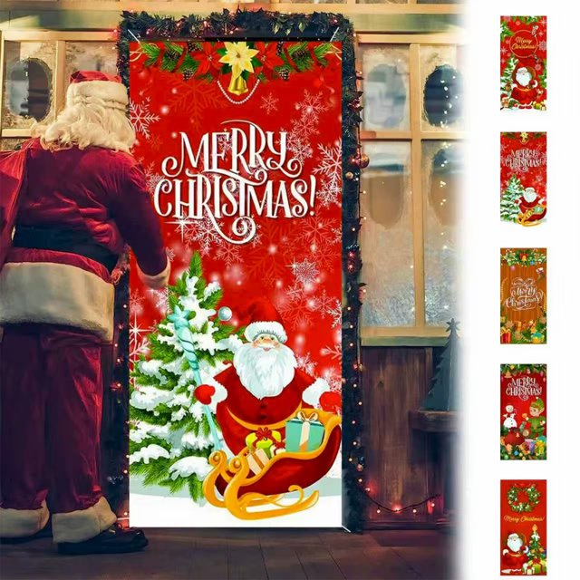 Sentmoon Décoration de Noël Organisateurs et Rangement de Noël Rideau de Porte Drapeau Photo Extérieure Père Noël et Chiot Décoration de Fond Tissu Suspendu