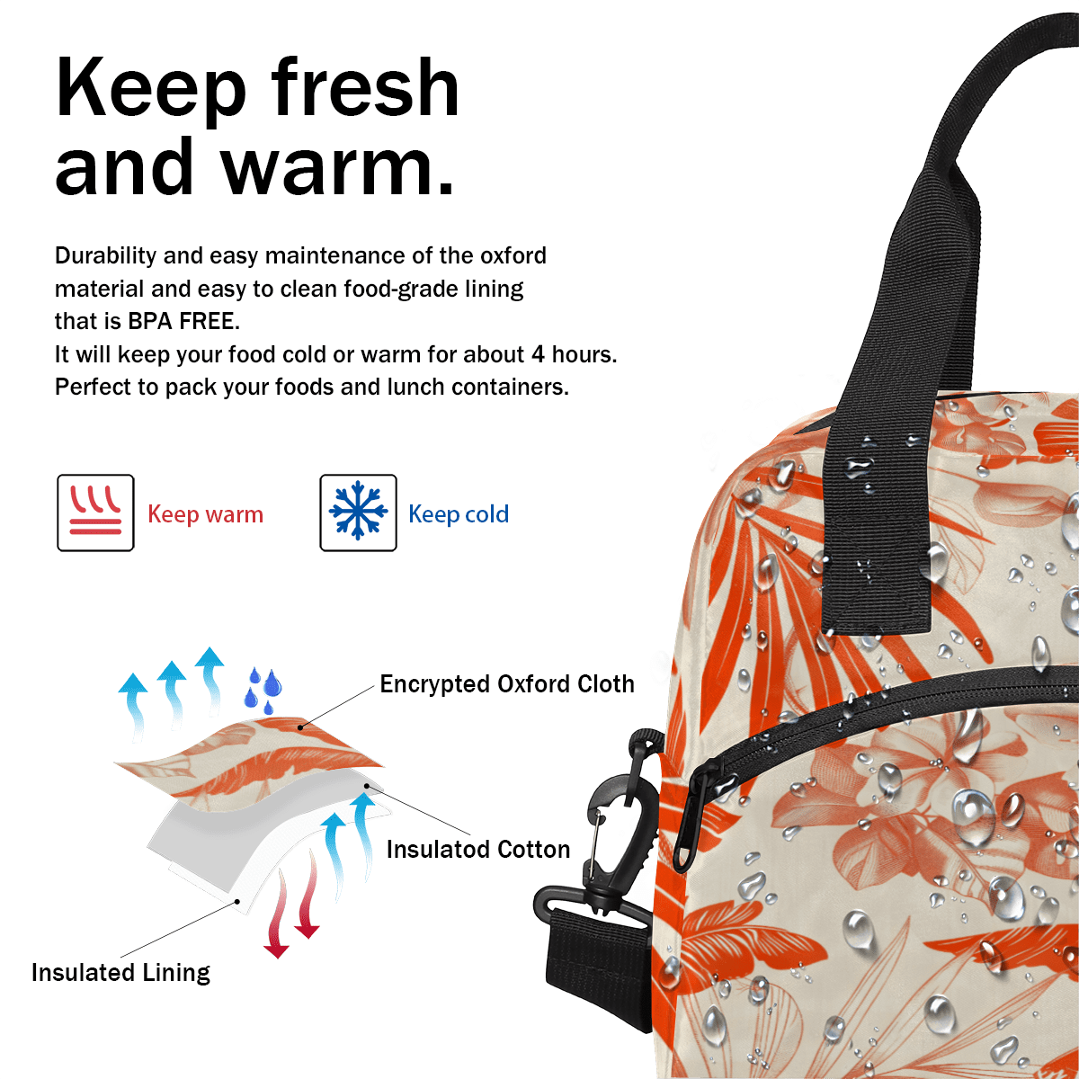 Herdesigns Leaves Leaf Insulated Lunch Bag for Women Men Adults Large Reusable Lunch Box Orange Leakproof Cooler Tote Bags with Adjustable Shoulder Strap
