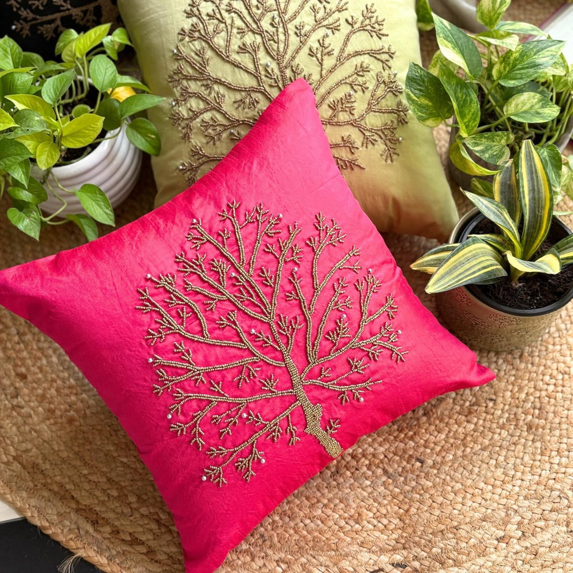 The HomeCentric Throw Pillow Cover Pink Pillow Cover Pack of 2 20x20 inch (50x50 cm) Luxury Fuchsia Pink Pillow Cover Beaded Tree Pillow Case Floral Throw Pillow Cover Square - Fuchsia Tree Of Life