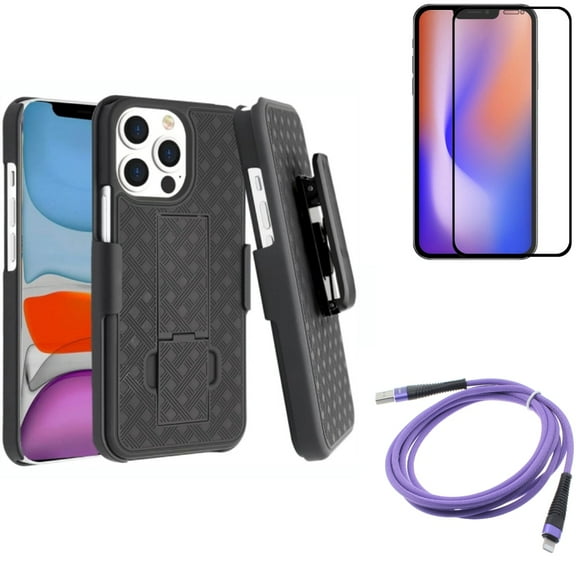 6ft USB Cable & Case Belt Clip & Screen Protector for iPhone 13 Pro ONLY - Purple Charger Cord Power   Holster Swivel Cover   Anti-Glare Tempered Glass Matte Combo