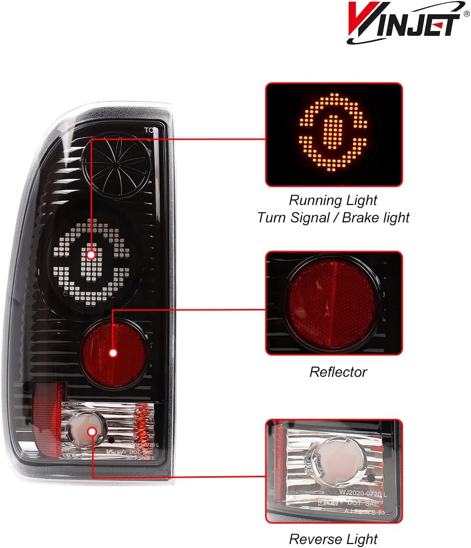 Winjet LED Tail Lights Fit For 1997-2003 Ford F150 & 1999-2007 Ford F250/F350/F450/F550 Super Duty Taillight Assembly w/LED Turn Signal/Running/Brake Light (Black Housing Clear Lens)