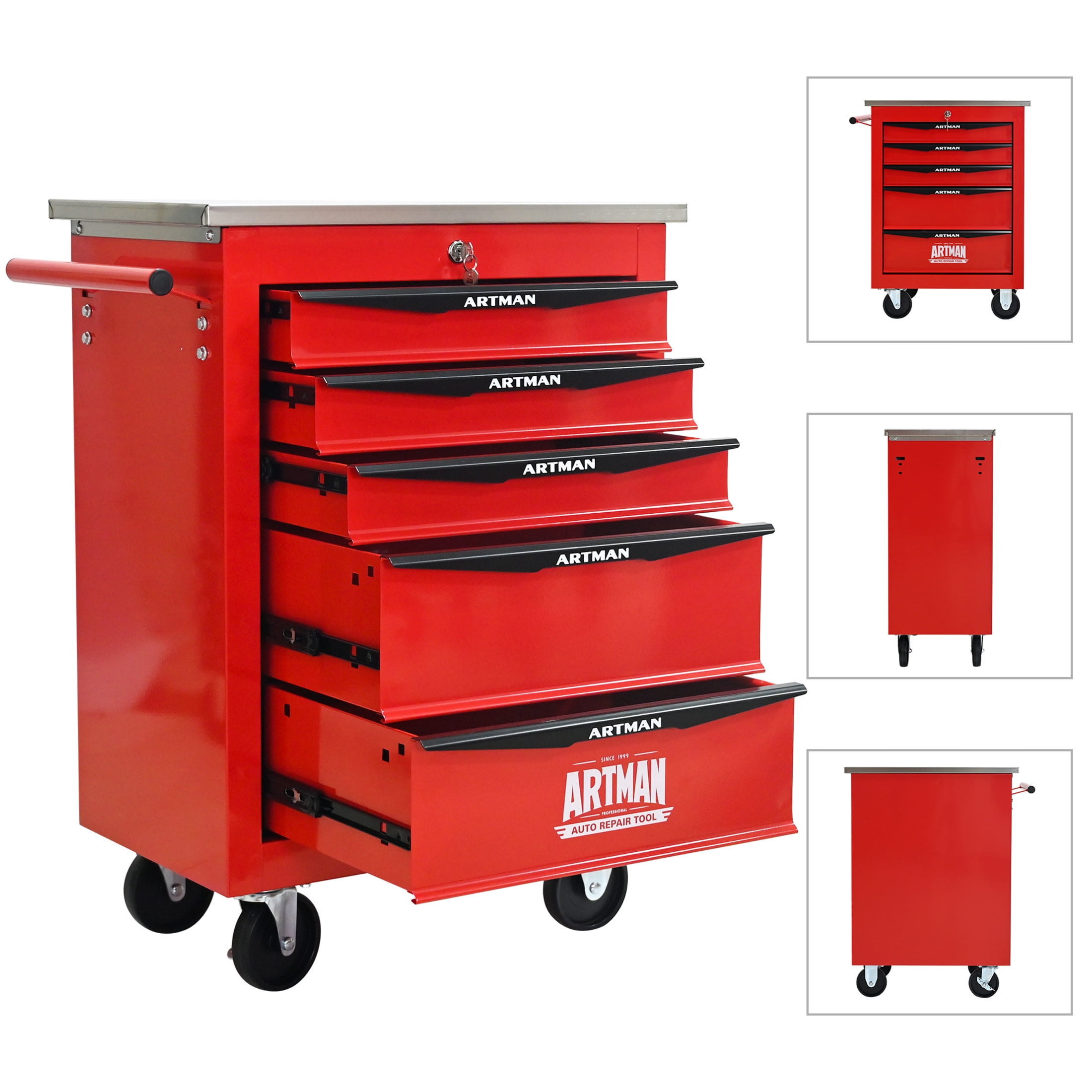 Noble House 5-Drawer Rolling Tool Organizer Cart, Steel Mobile Chest Storage with Worktop for Garage Workshop, Red