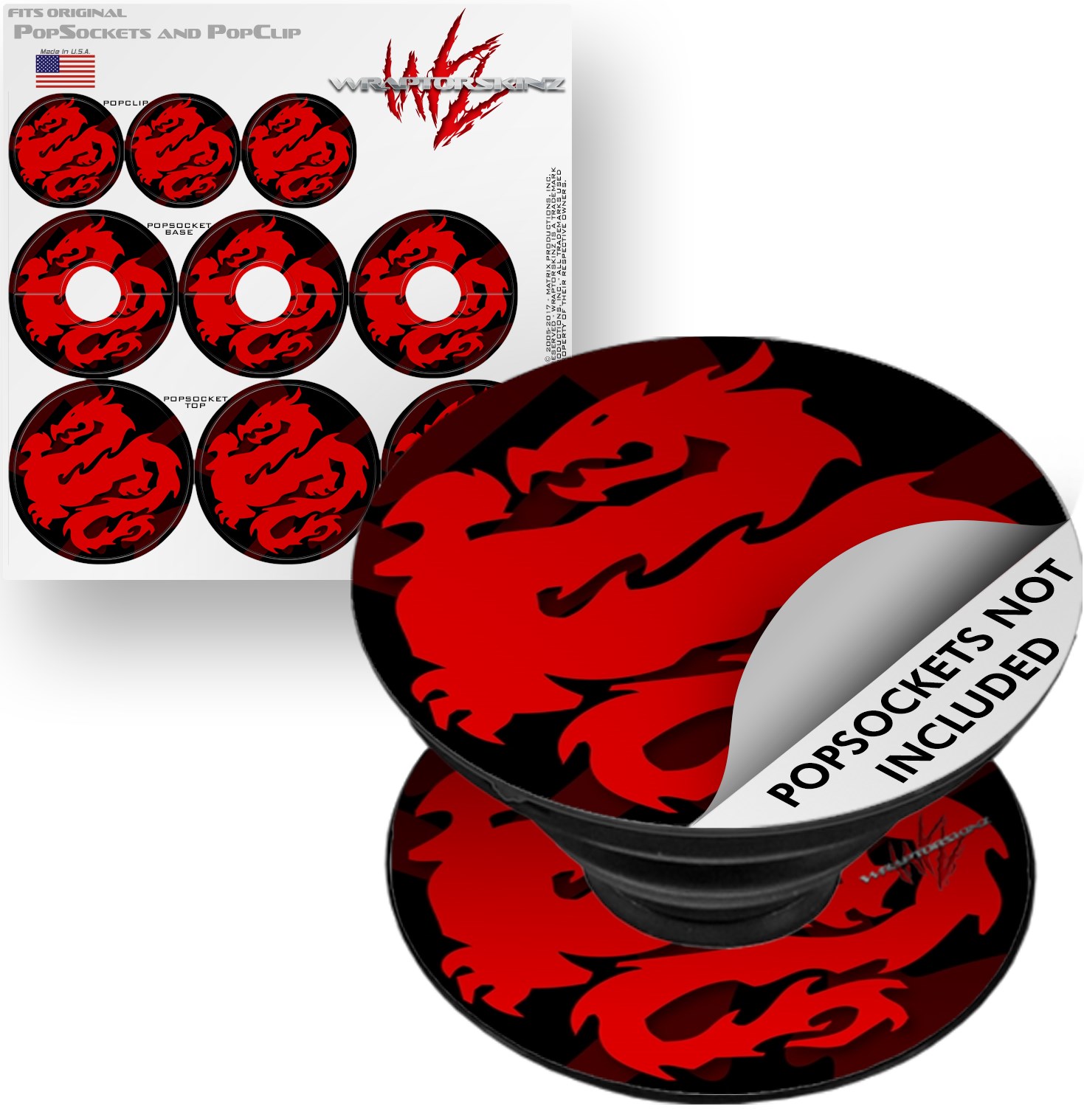 Decal Style Vinyl Skin Wrap 3 Pack for PopSockets Oriental Dragon Red on Black (POPSOCKET NOT INCLUDED) by WraptorSkinz
