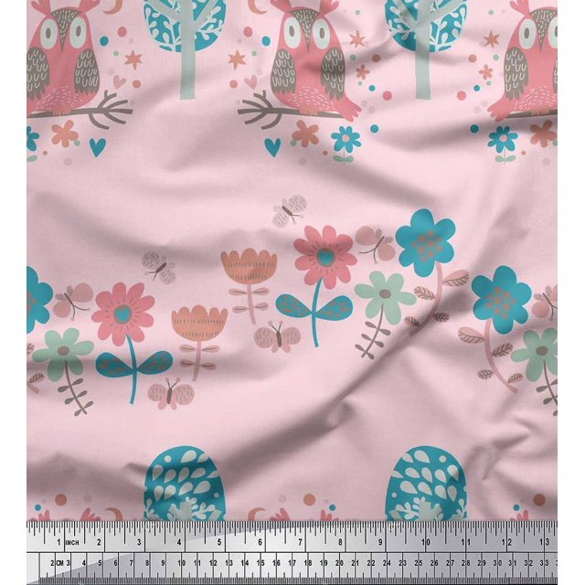 Soimoi Poly Georgette Fabric Floral,Tree & Owl Kids Print Fabric by The Yard 52 Inch Wide