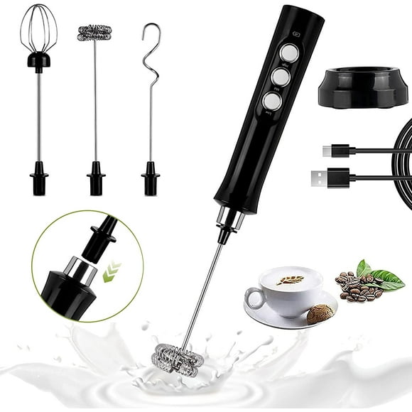 Milk Frother Handheld Foam Maker USB-Rechargeable Electric Drink-Mixer with 3 Stainless Whisks 3-Speed Adjustable Coffee Frother for Cappuccinos, Hot Chocolate, Milkshakes, Egg Mix (Black)