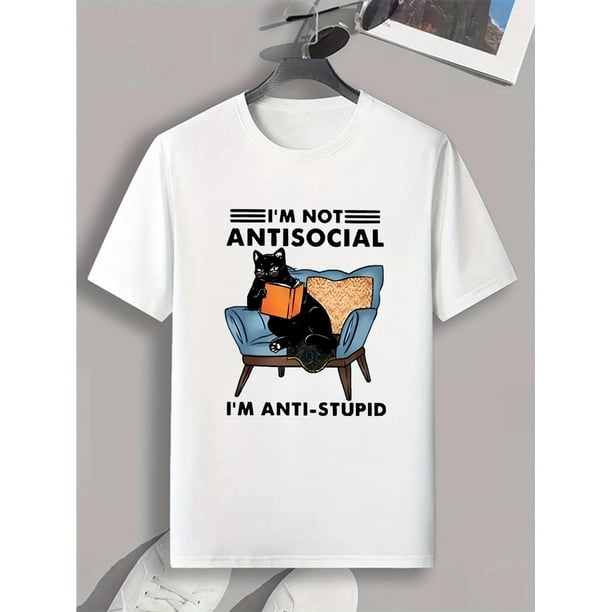 Camiseta informal con estampado para hombre: "No soy antisocial, soy antiestupidez", diseño de gato divertido, cuello redondo azul marino, manga corta, camisa ligera de verano para uso informal.