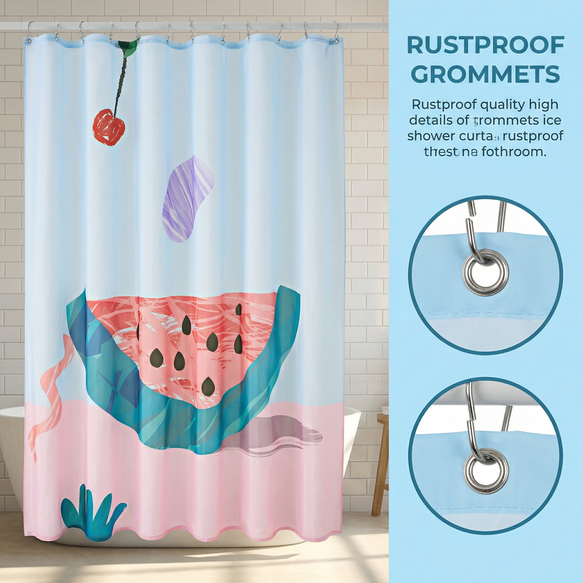 Unique Bargains Cute Print Shower Curtain Sets with Hooks Pink Watermelon 71"W x 71"L