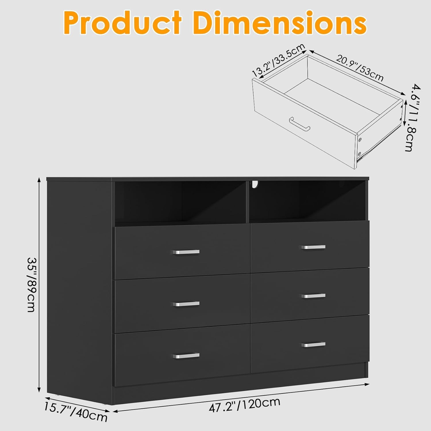 Frmobepts Wood Dresser for Bedroom, 6 Drawer Dresser with Open Storage Cubby,Black