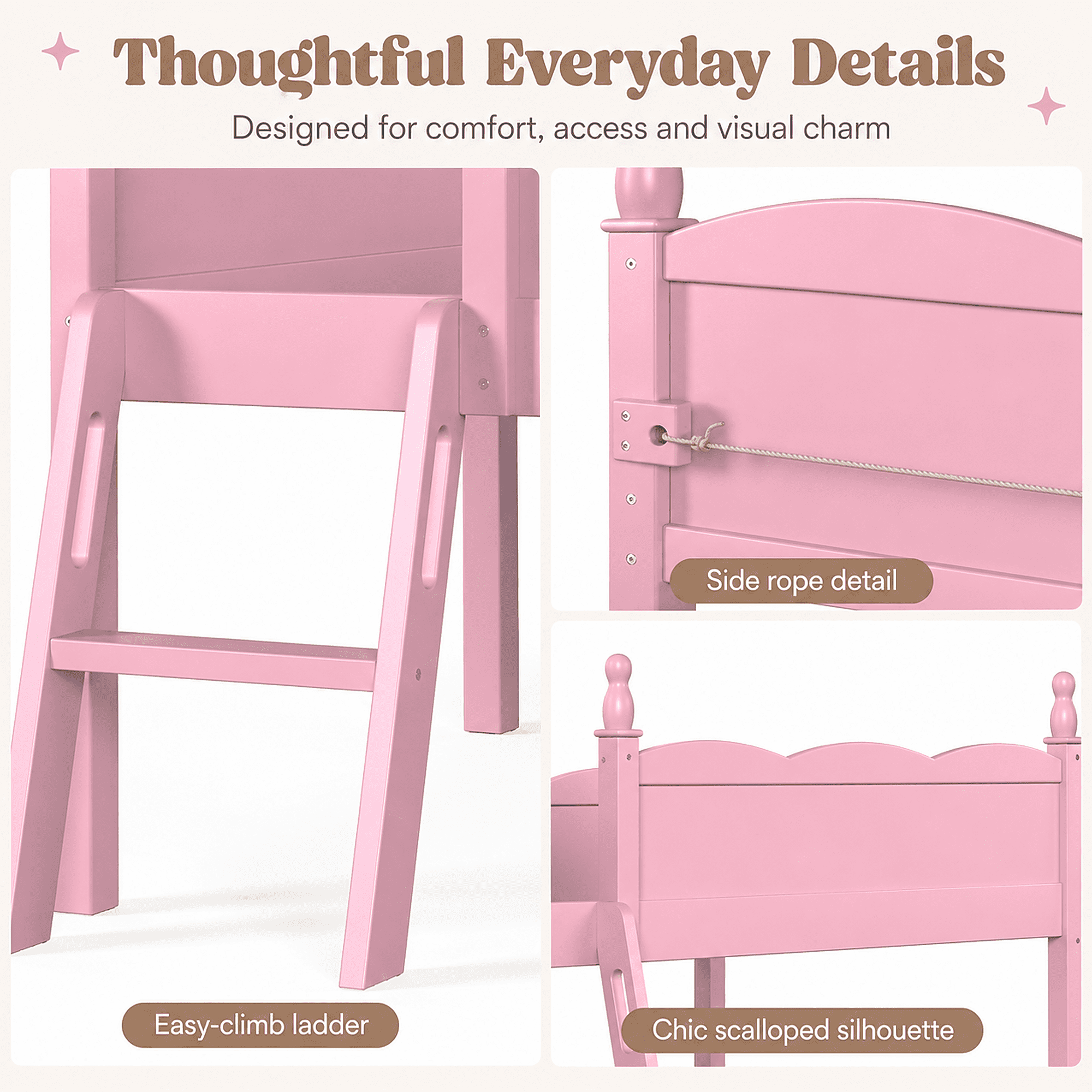 Miniyam Twin Low Loft Bed with Bookshelf and Guardrails, Wood Kids Bed for Bedroom, Pink