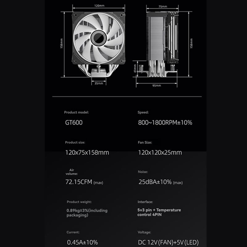 GT600 Digital Display CPU Air Cooler with 1800RPM ARGB PWM Cooling Fan High Airflow Radiator for Efficient CPU Cooling B
