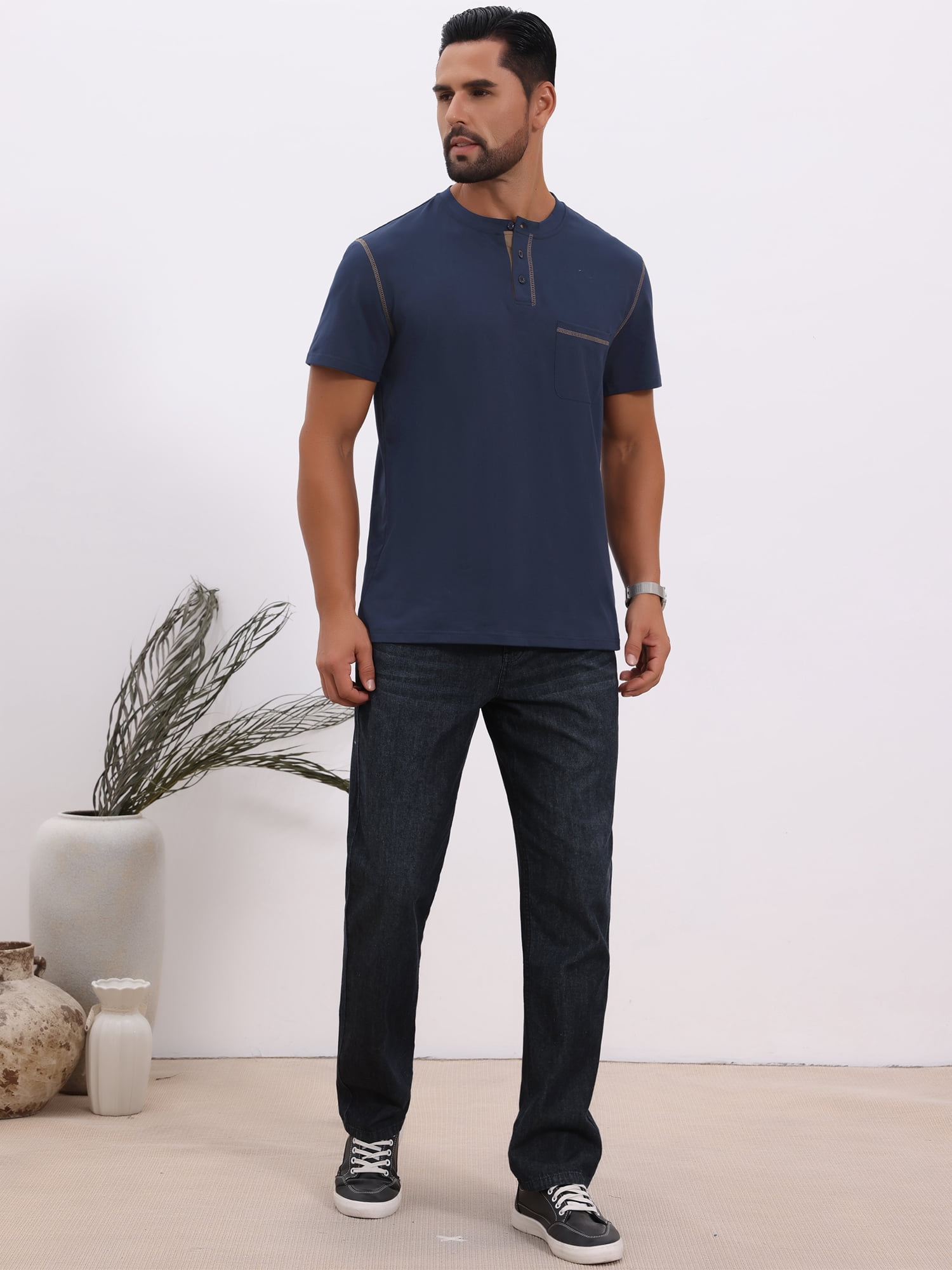 DARING DIVA Men's Henley Crew Neck Short Sleeve Button Down T-Shirt M Navy Blue