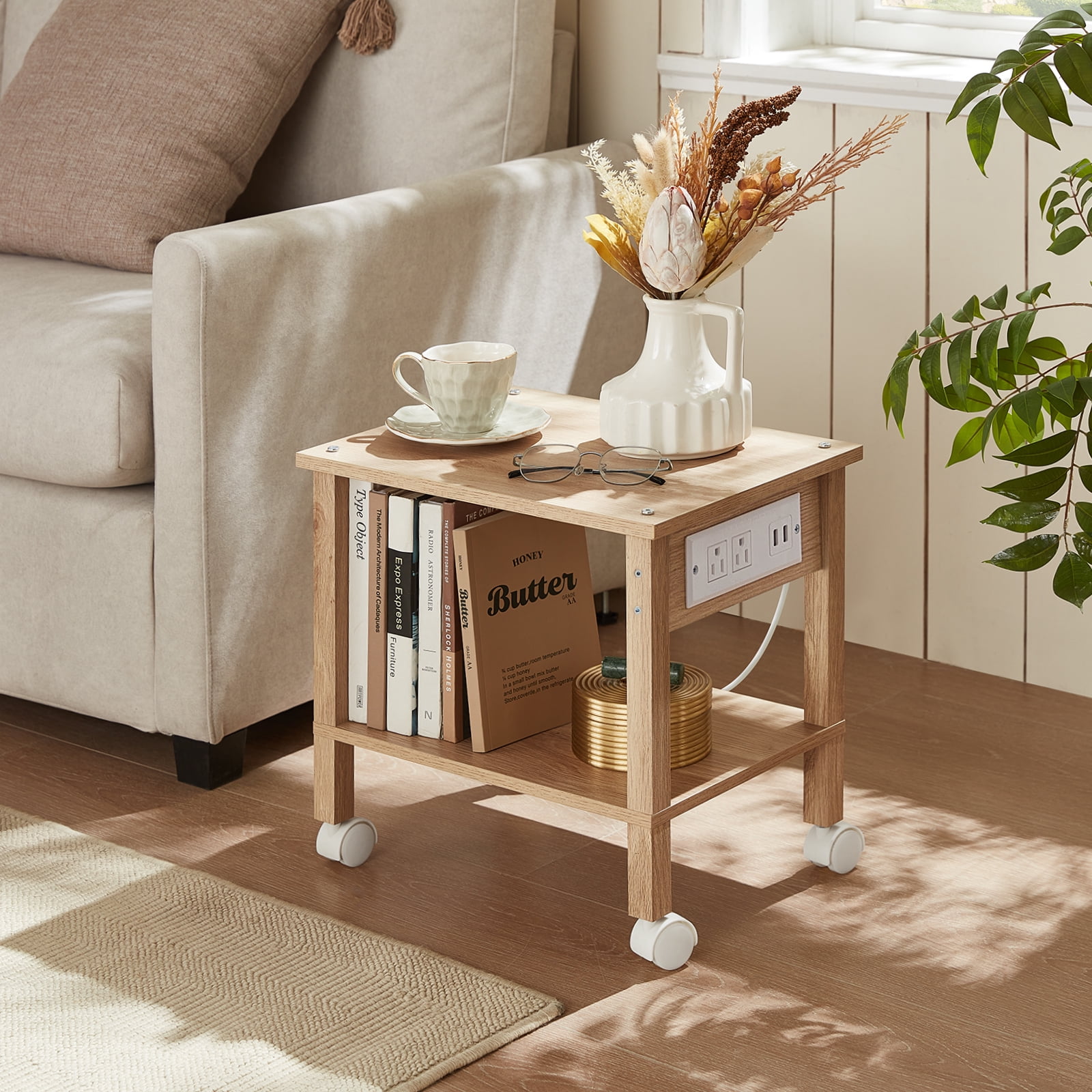 Leyaoya 2-Tier Printer Stand with Charging Station, Under Desk Organizer with Storage Shelves for Home Office, Natural Oak