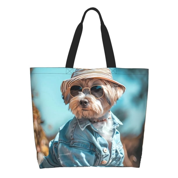 Disketp Stylish Dog in Denim Outfit Bolsa Tote Estampada para Mujer, Bolso de Hombro y de Mano para Compras y Viajes