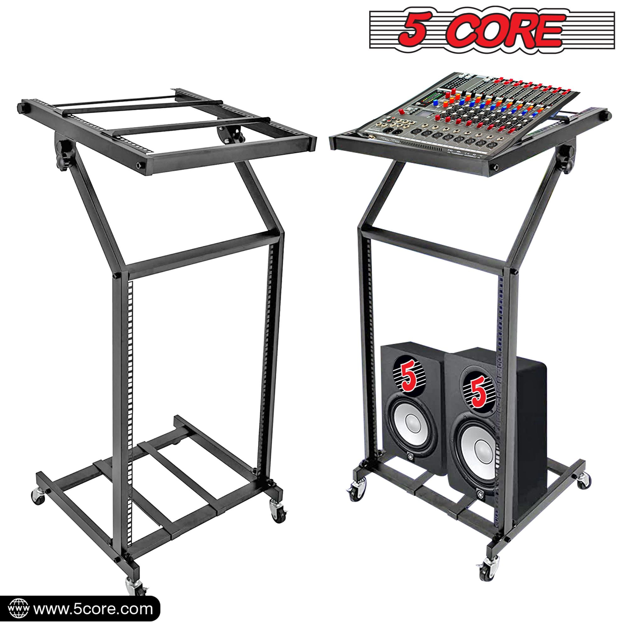 16U Professional Audio Rack Mount DJ Mixer Stand Studio Adjustable Table Cart with Wheels - RACK STAND 16U