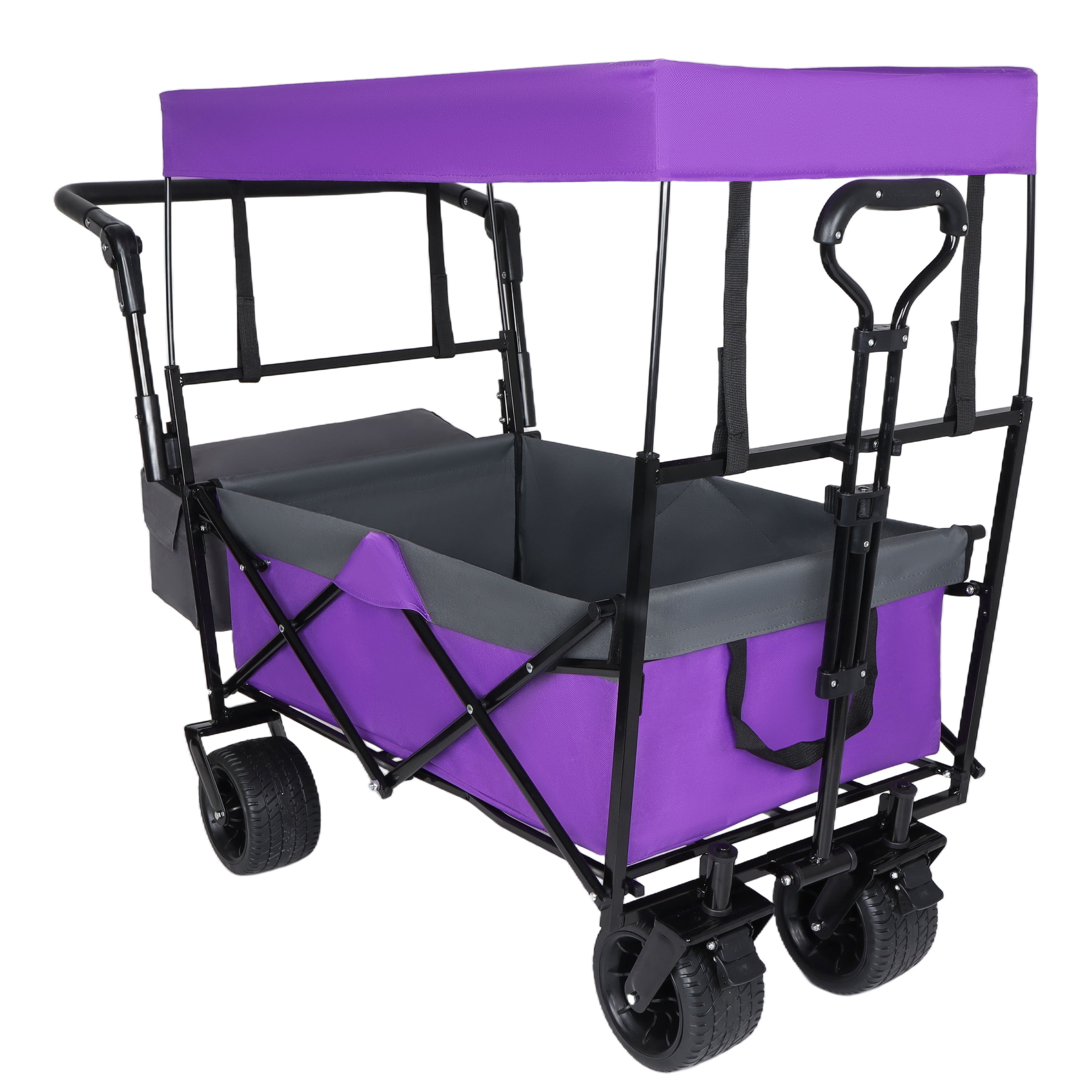 With Push Handle, 480Lbs Collapsible Wagon with Canopy, Wagon cart with 7" All-Terrain Wheels, Large Capacity for Camping, Shopping, Sports, and Garden Use