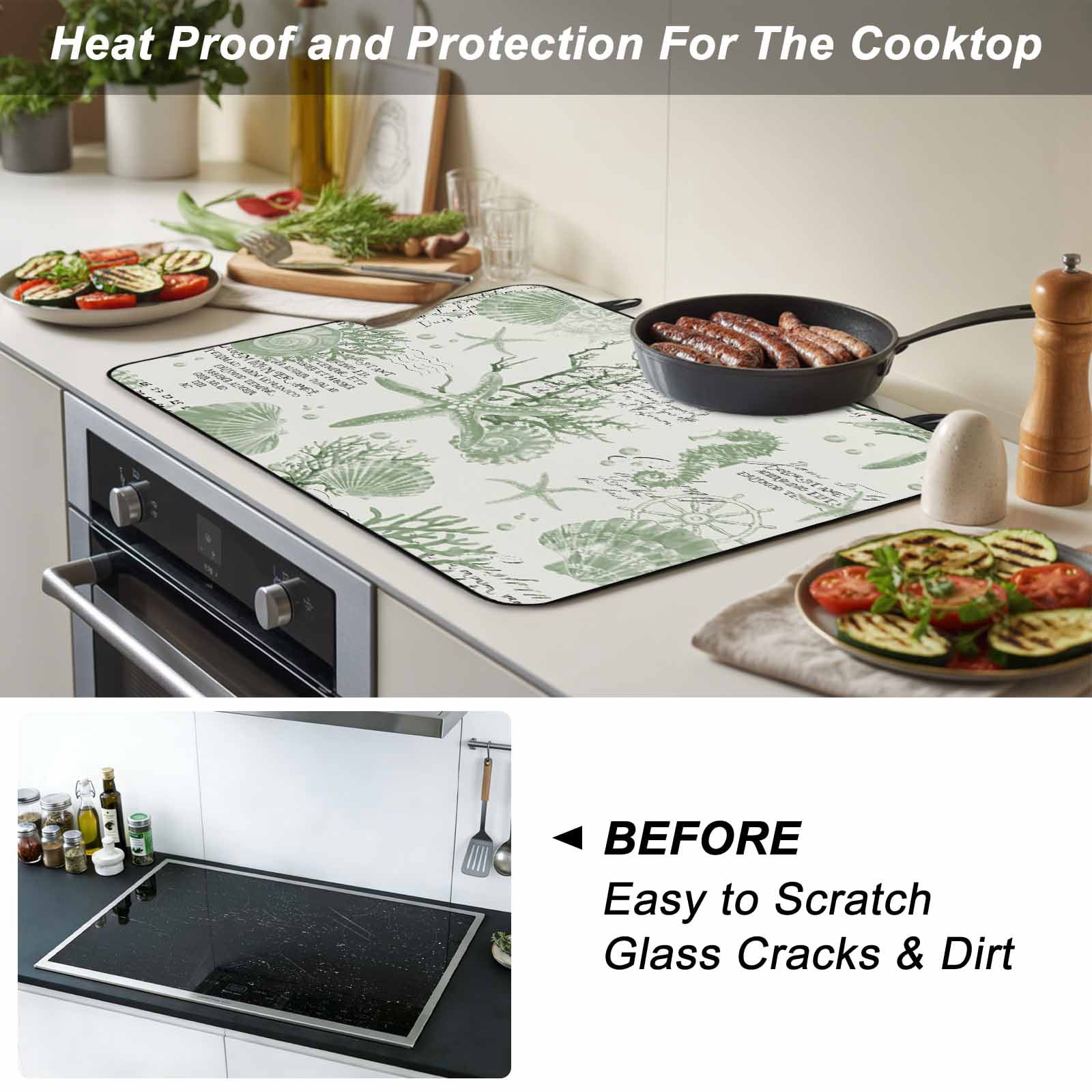 Sage Green Coastal Stove Top Cover for Electric Stove, Heat-proof & Non Slip Glass Top Stove Cover Protector, Coral Starfish Nautical Compass Kitchen Flat Cooktop Rubber Mat 24x21 Inches