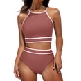 thumbnail image 4 of Huowey 2PCS Swimsuit For Women Tops High Waisted Bikini Sets Sporty Color Block Bathing Suit Brazilian Beachwear Honeymoon Cruise Trendy Wear, 4 of 8