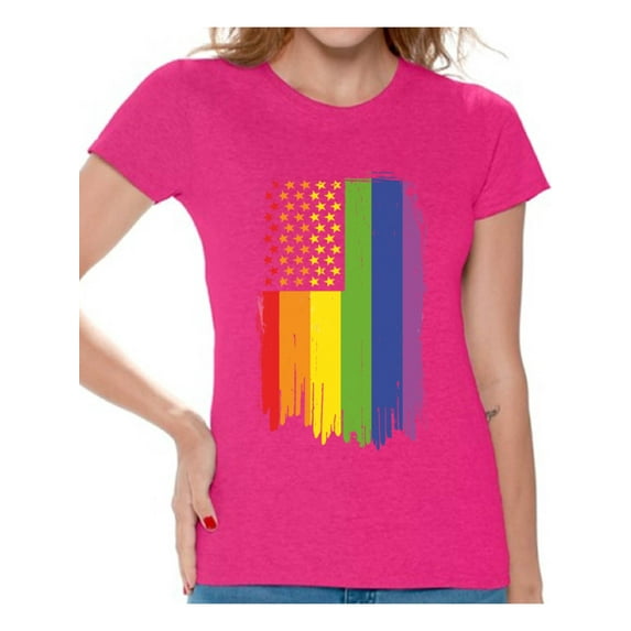 Awkward Styles Rainbow American Flag Womens T Shirt Tops LGBT Flag Shirts for Women Rainbow Flag Neon Tshirt Gay Rights Support Tee Shirt Tops