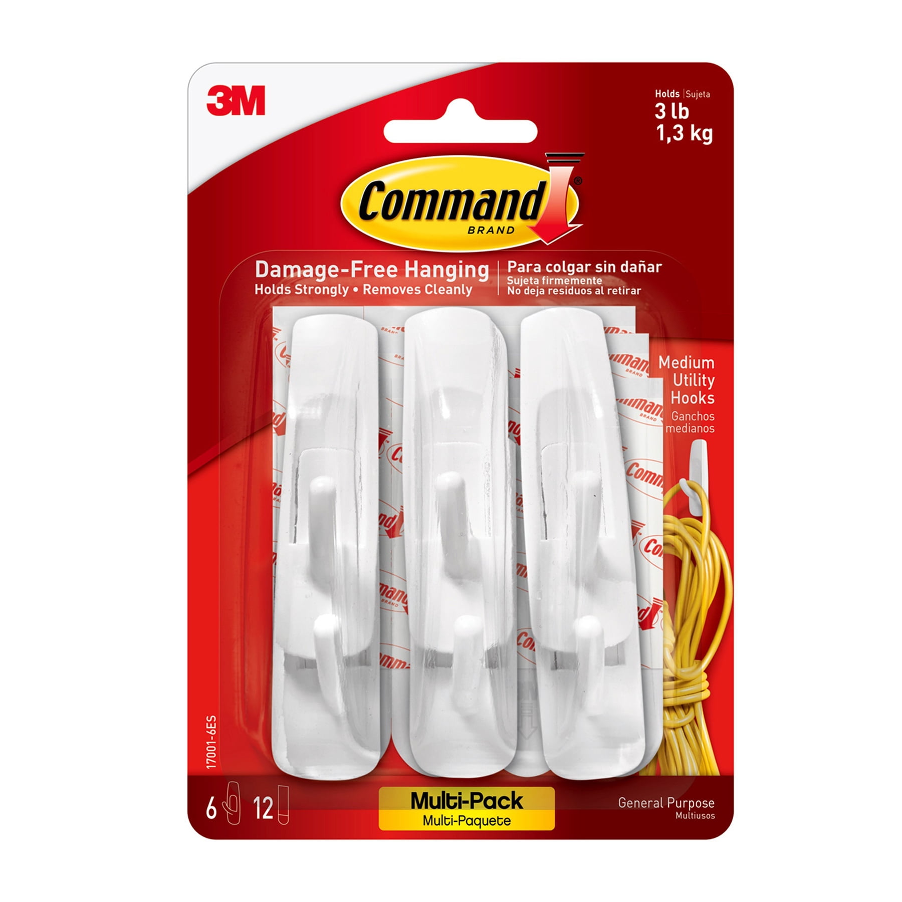 3M Command Medium Utility Hooks Multi-Pack, 6 Per Pack, 3 Packs