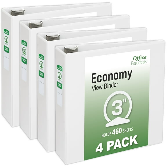 Office Essentials Economy View 3 Ring Binders, 3" Round Rings, 3.5" Spine, 460-Sheet Capacity, White Binders (4-Pack of 03148)